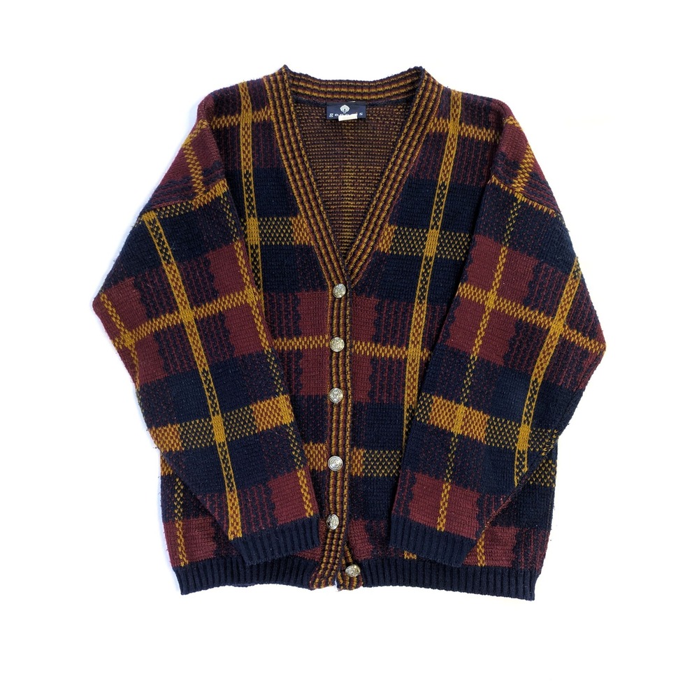 Vintage Genesis Plaid Cardigan Sweater Mens Medium Burgundy Navy Blue USA Made